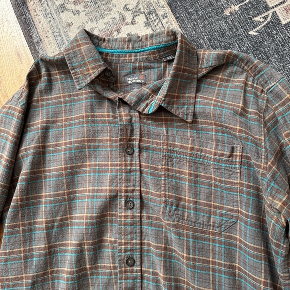 Royal Robbins Blue Brown Plaid Flannel Cotton Long Sleeve Button Down Large - Picture 4 of 5